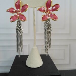 Zara Pink Flower Tassel Statement Earrings Crystal Dangle Drop